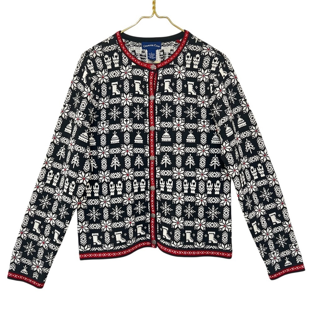 Charter Club Holiday Cardigan Sweater Snowflake Winter Print Button Front